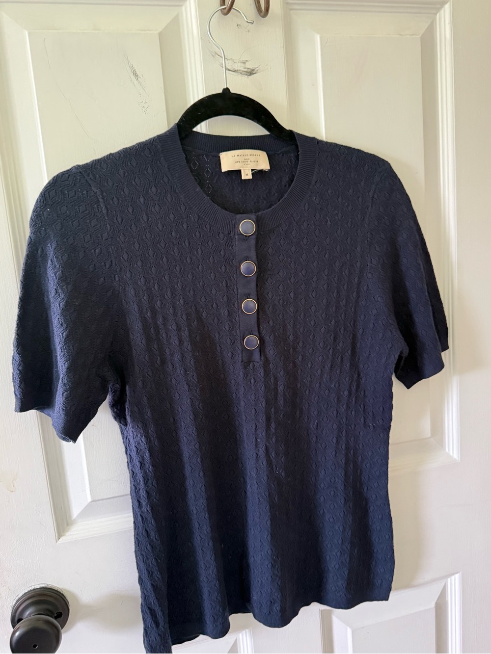 Sezane Navy Textured Short Sleeve Top with Button Placket - Picture 2 of 6